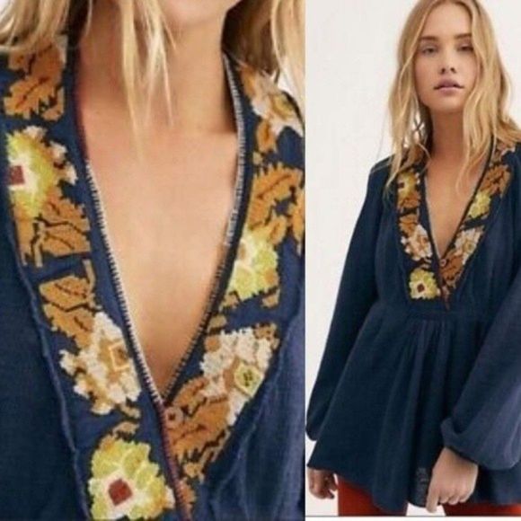New Free People Rose Red Linen Blend Embroidered Blue - Picture 15 of 16